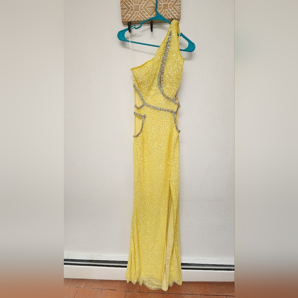 Jovani One Shoulder Yellow Sequin Dress